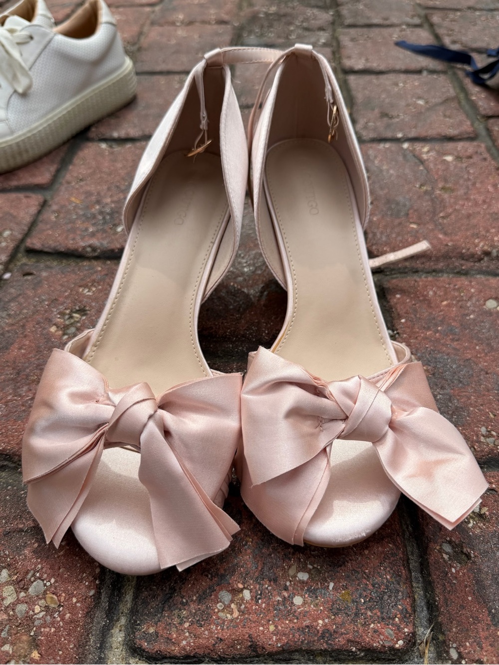 Satin Bow Ankle-Strap Heels in Blush Pink